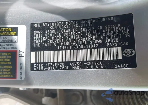 2013 Toyota Camry Se из США, поврежденный, VIN 4T1BF1FKXDU214042